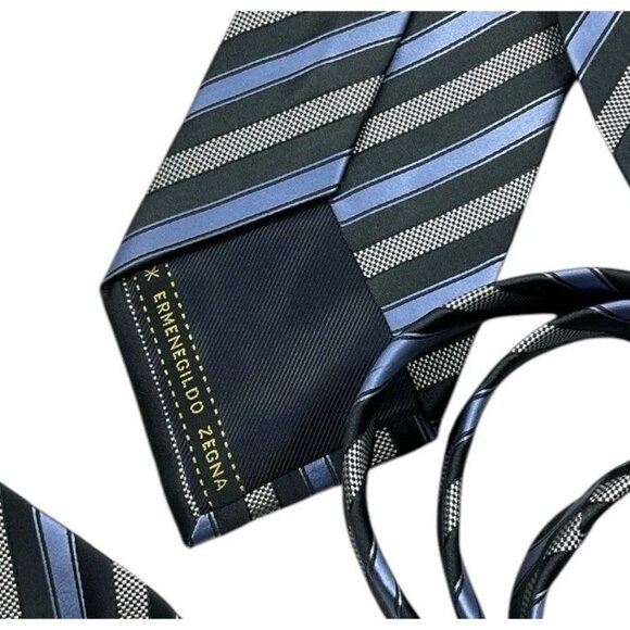 ERMENEGILDO ZEGNA Men's 100% Silk Necktie LUXURY Gray Blue Striped W:3.6" EUC - Picture 2 of 5